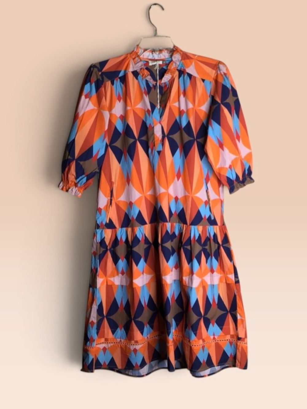 Maude Vivante Sasha Dress S NWT Geometric Cotton Tiered Mini Orange Blue